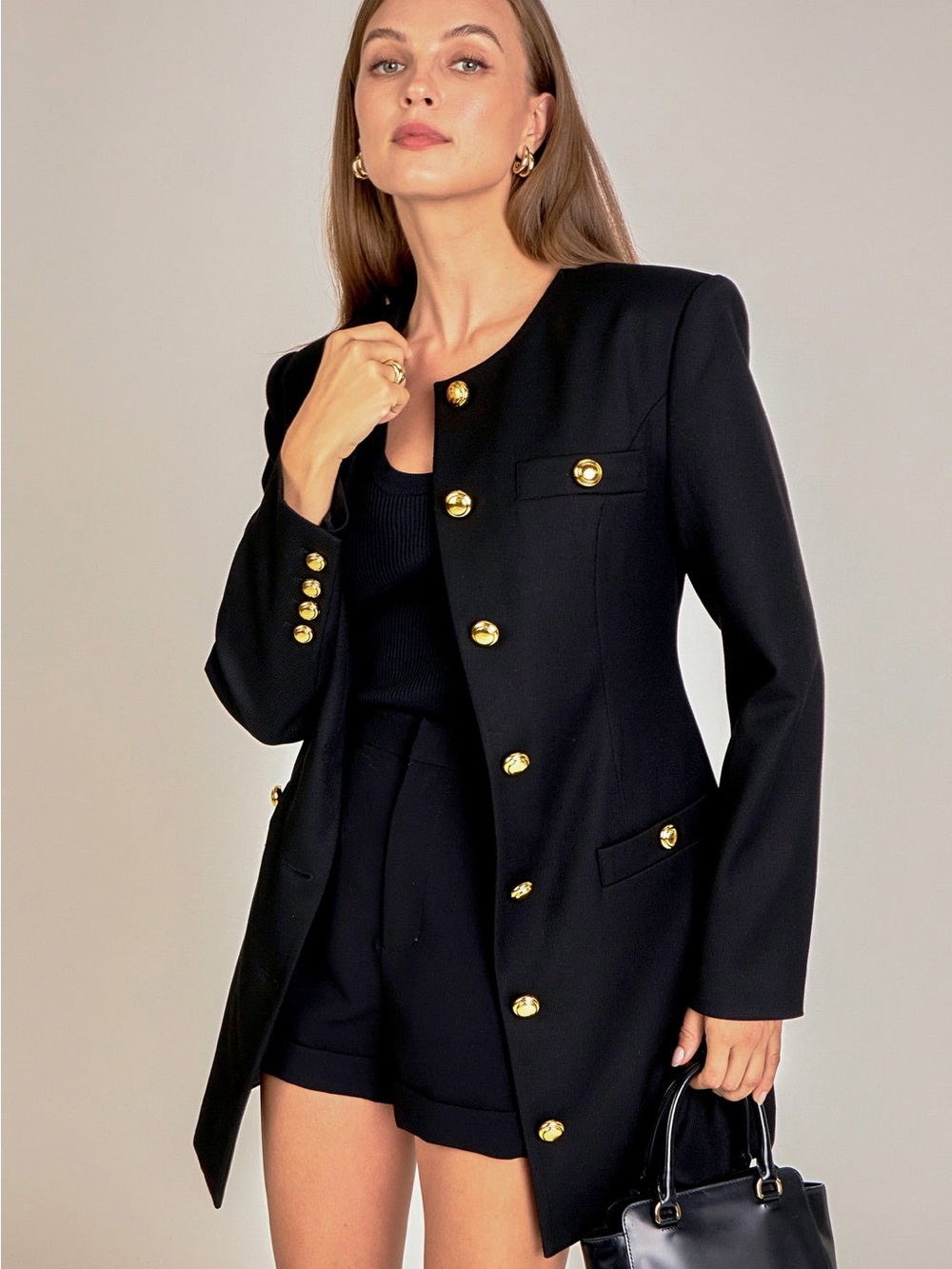 English Factory coat dress medium black gold buttons lady